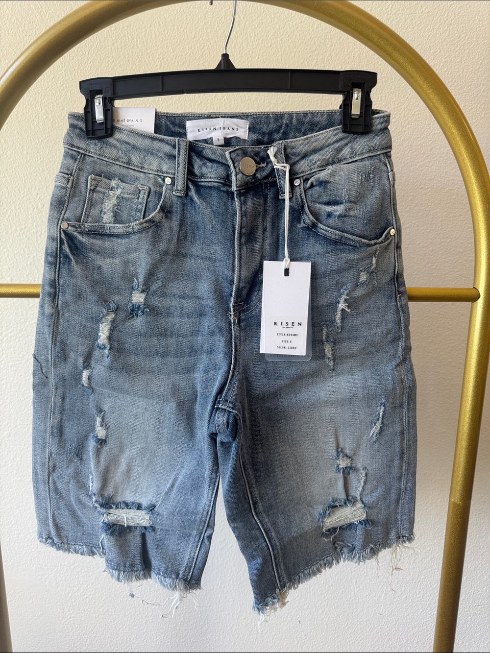 Risen Distressed Mid Wash Denim Bermuda Shorts - Blue